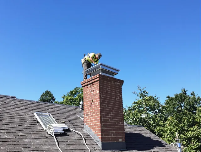 Windsor Locks Chimney Sweep technician measuring a chimney cap in Windsor Locks, CT